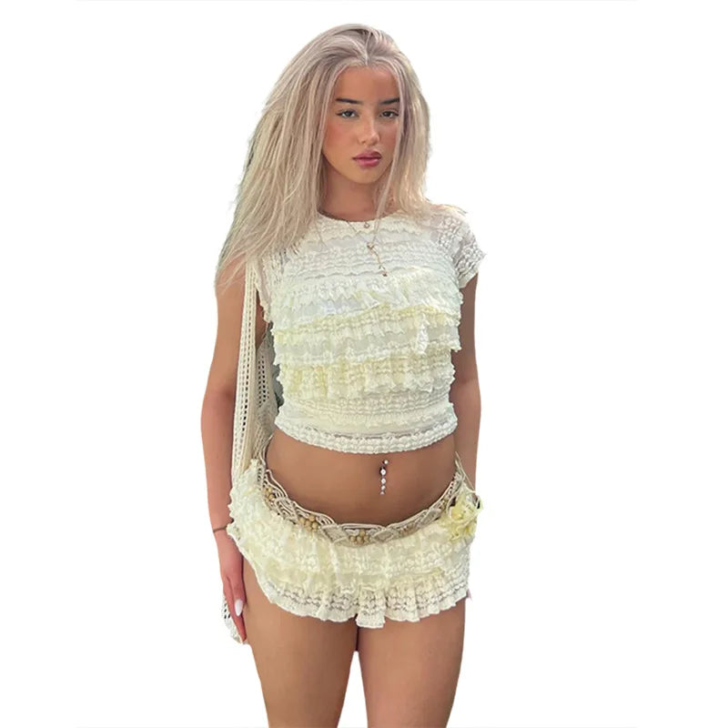 Two Piece Women Crop Top And Mini Skirt Matching Set 2024 New Summer Fashion Sexy White Lace Ruffle Ruched Skirts Outfits
