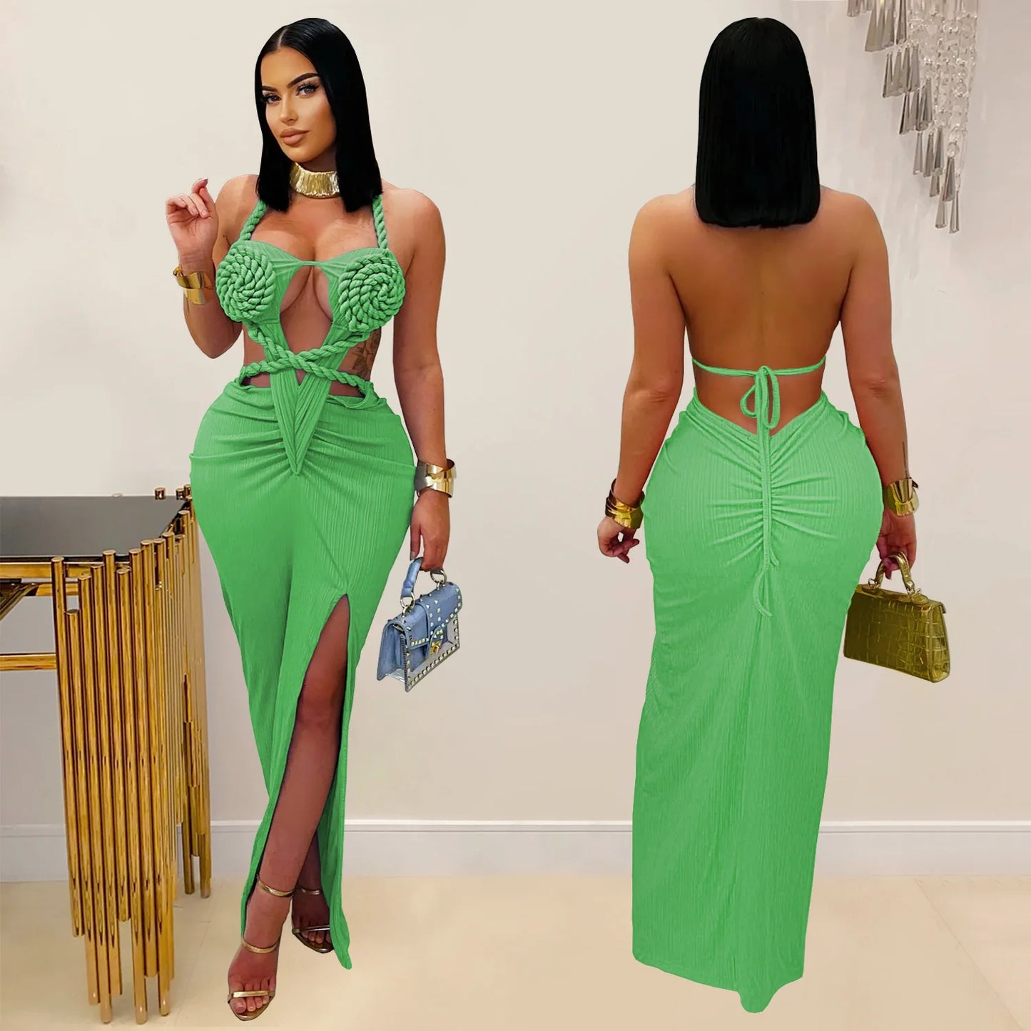Joskaa Women's 2025 Summer Knit Halter Dress Sexy Hollow Backless Slit Bodycon Maxi Dresses Holiday Party Club Beachwear S-XXL