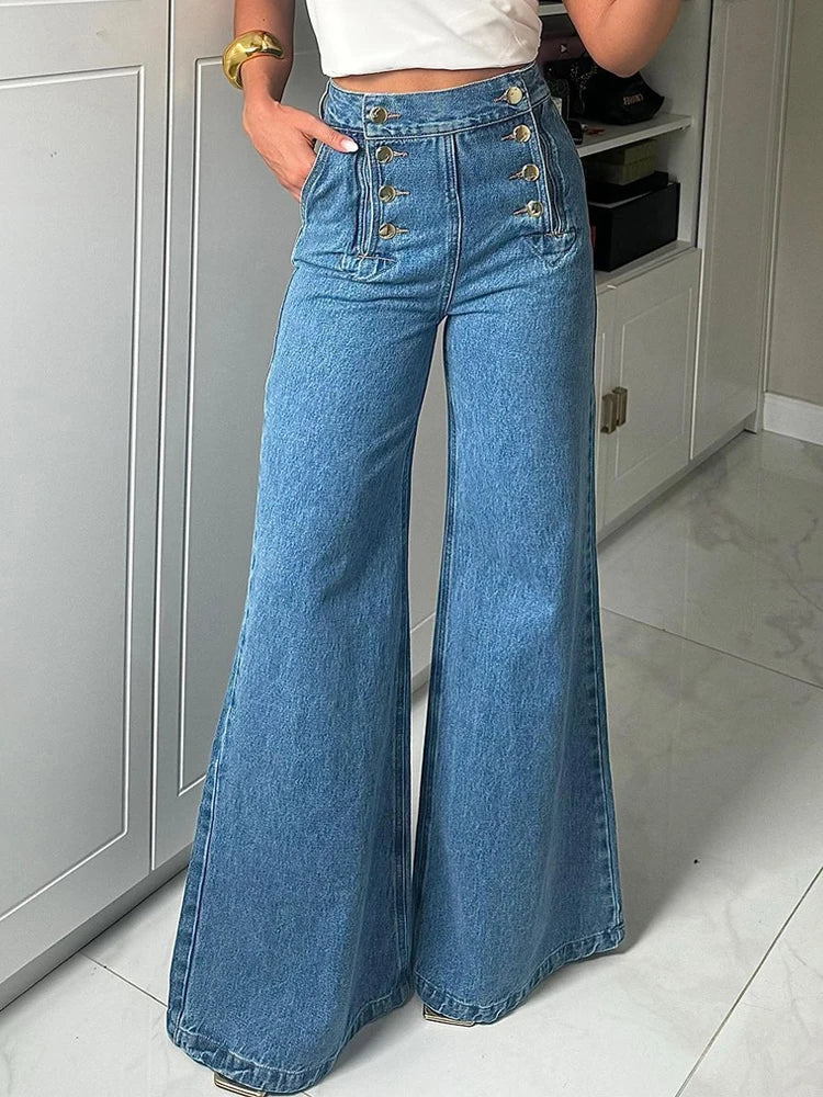 Beautyblue Fashion Women's Jeans Button Baggy Denim Jeans Pants High Waist Casual Classic Blue Wide Leg Trouser Female Y2K Punk