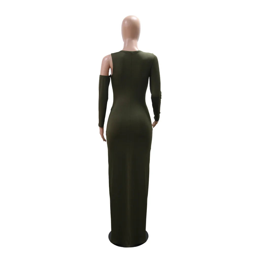 Joskaa Elegant Metal Decoration Hollow Birthday Dress Woman Sexy Irregular Full Sleeve High Split Maxi Dresses 2025 Clubwear