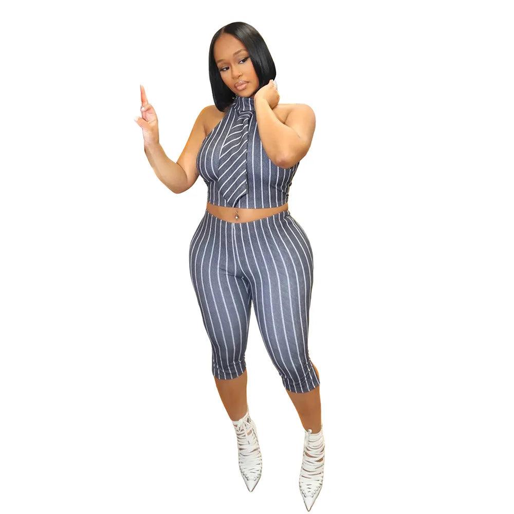 CM.YAYA Striped Printed Women's Set Sleeveless Necktie Tops and Leggings Pants 2025 Sexy Party Two 2 Piece Sets Outfit Tracksuit