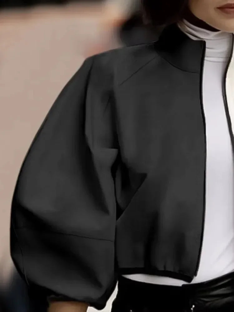 Women Fashion Patchwork Stand Collar Jackets 2025 New Spring Autumn Puff Sleeves Loose Fit Casual Korean Style Outerwears