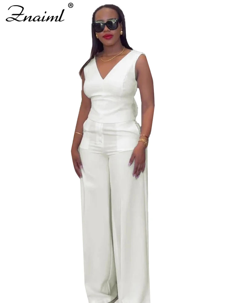 Znaiml Casual Wide Leg Pants Set Women Summer Sleeveless V Neck Backless Bowknot Tops Two 2 Piece Outfits Elegant Vacation 2025