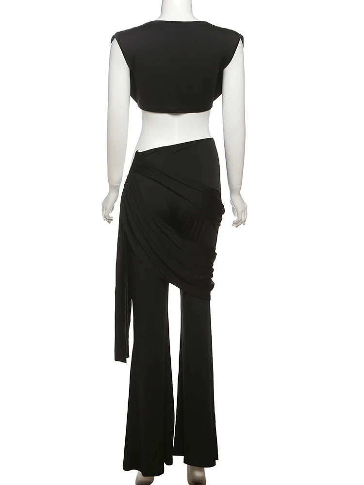 Weird Puss Pleats Elegant 2 Piece Set Women Sexy Low Neck Sleeveless Crop Tops+Irregular Waist Tassel Straight pants Solid Suit