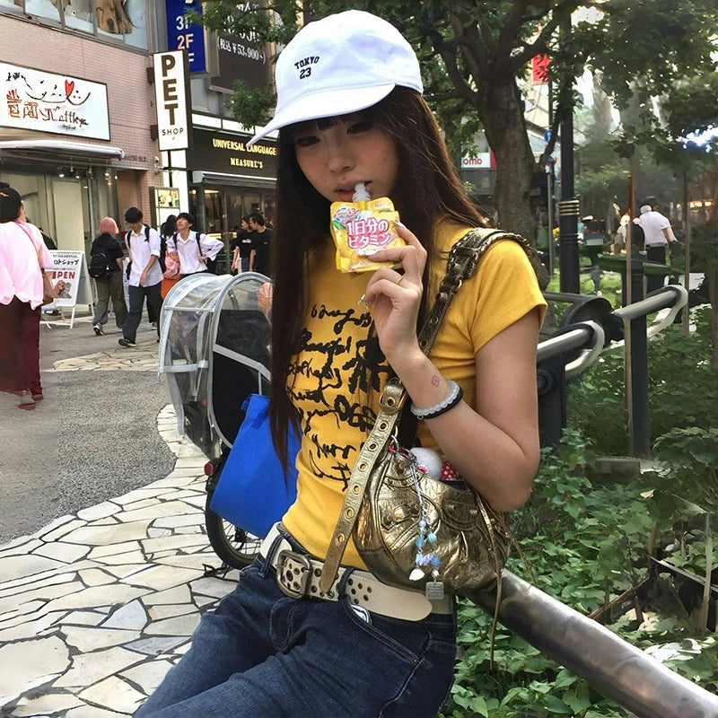 Karrram Japanese Y2k Letter Print T-shirt Vintage Harajuku Crop Top Trashy 2000s Style Short Sleeve Tee Shirt American Retro 90s