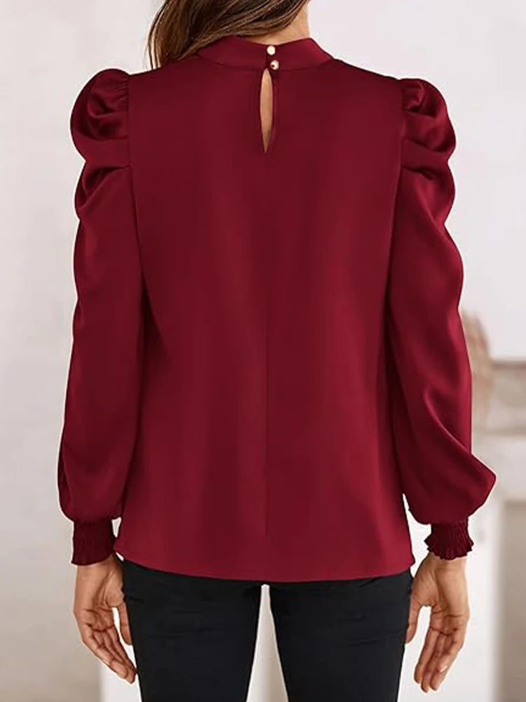 Women's Satin Puff Sleeves Elegant Retro Charm Commuter Style Long-Sleeved Turtleneck Skin-Friendly Fabric Casual Shirt
