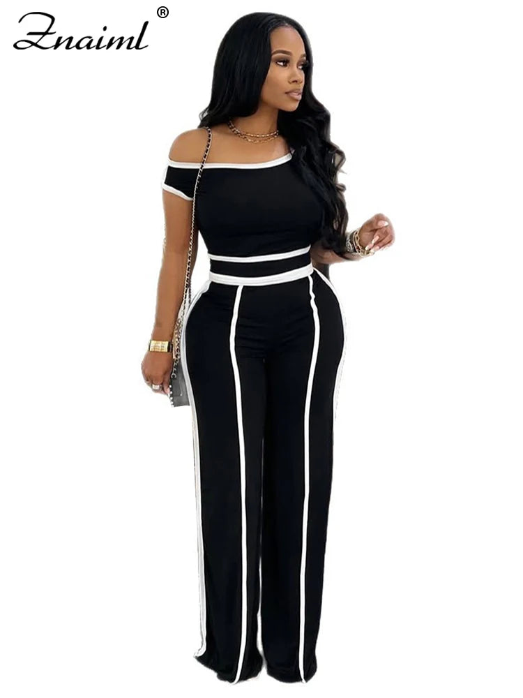 Znaiml Casual Solid Color Wide Legs Pnats Set for Women Diagonal Shoulders T-Shirt Crop Tops and Trousers Two Pieces Suit Outfit