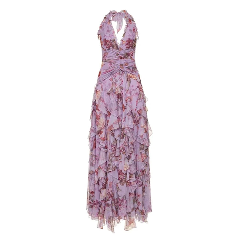Elegant Women's Halter Floral Print Maxi Dress High Slit Flowy Summer Party Wear Fashionable Ruched Bodice Deep V-Neck Design