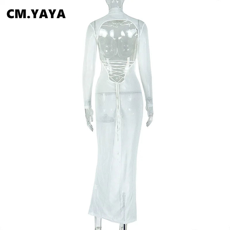 CM.YAYA Women Full Sleeve Mesh See Through Maxi Long Dress 2025 Summer Backless Night Party Birthday Evening Dresses Vestidos