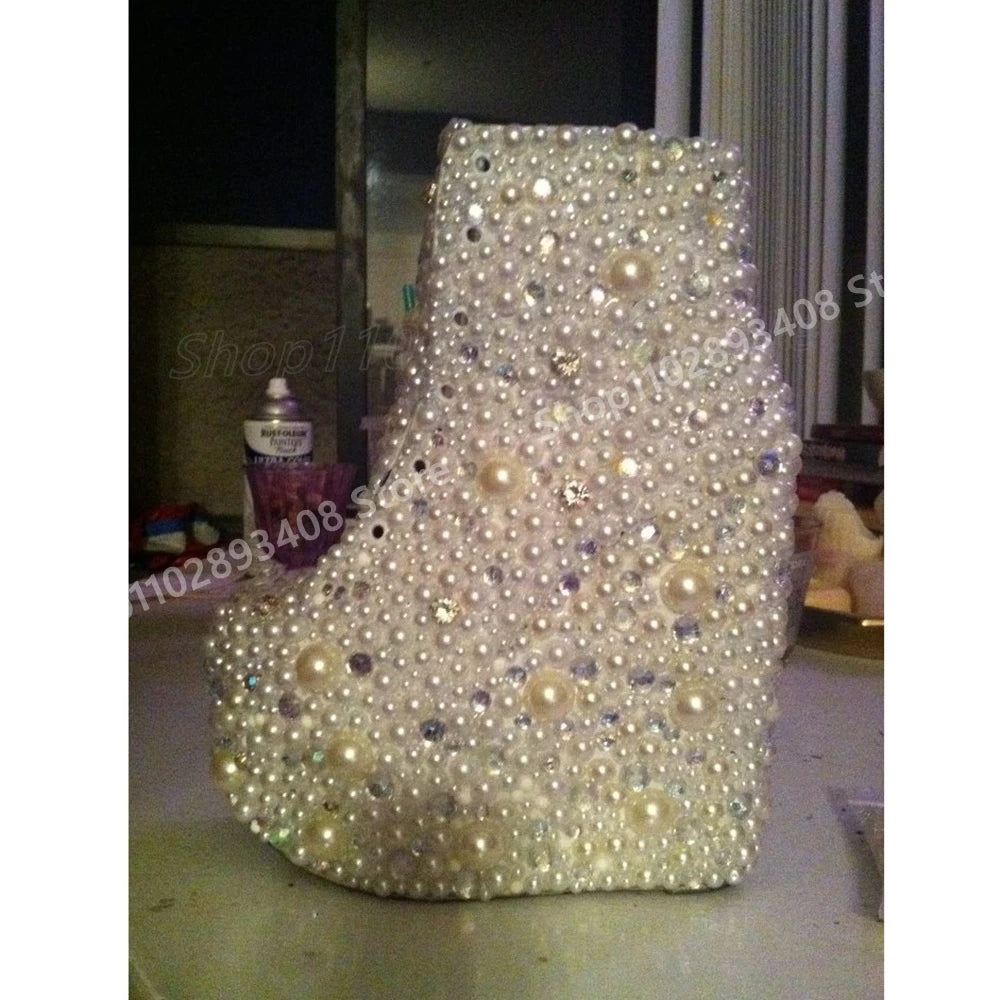 Many Pearls Decor Ankle Boots New Design Unique Style Front Lace-up Wedges High Heel Sexy Women Shoes 2025 Spring Para Mujere
