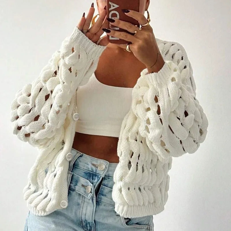 Fashion V Neck Single Breasted Crochet Jacket Woman Sexy Hollow Out Long Sleeve Knitted Sweater Casual Pure Soft Cardigan Jumper
