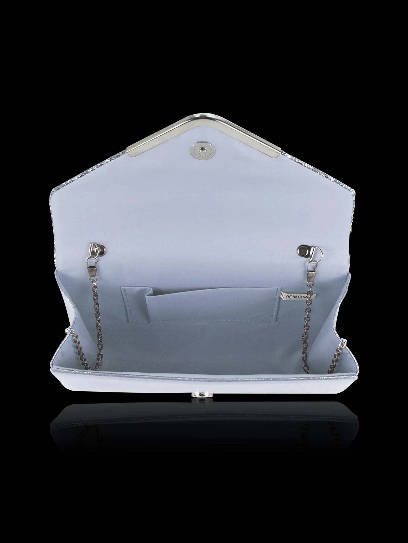 Sparkling and luxurious sequined evening clutch for women, paired with a gorgeous rhinestone necklace, earrings and bracelet set