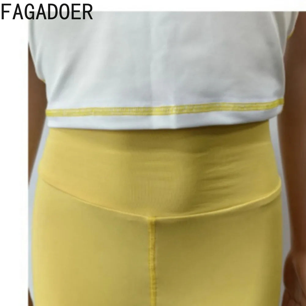 FAGADOER Casual Sporty 2 Pieces Set for Woman Color Block Short Sleeve T Shirts + Leggings Pants Tracksuits Female Clothing New