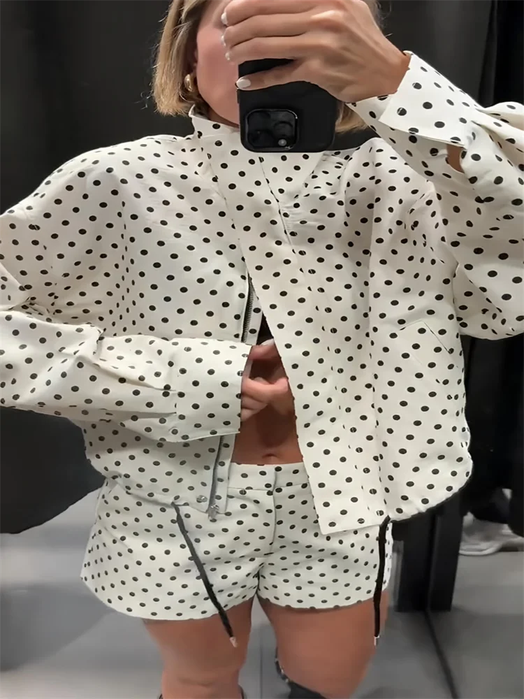 Loose Polka Dot Zipper Women's Shorts Set Stand Collar Patchwork Full Sleeve Pockets Jacket Tie Up Short Pant Suit Summer Outfit