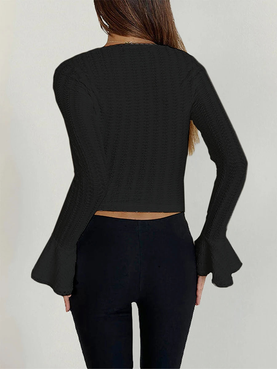 Women's Solid Color T-Shirts Autumn Textured Picot Trim Scoop Neck Long Bell Sleeves Slim Fit Crop Tops Female Casual Pullovers