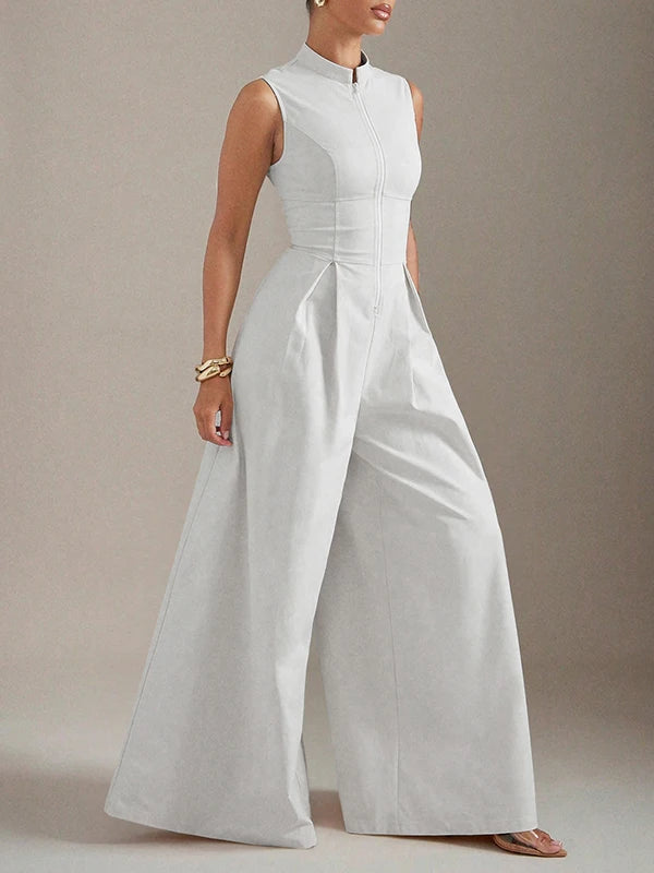 Beautyblue Female Jumpsuit V-neck Wide-leg Overalls Fashion Sleeveless Zipper Brown Formal Clothes Women's One-piece Jumpsuits
