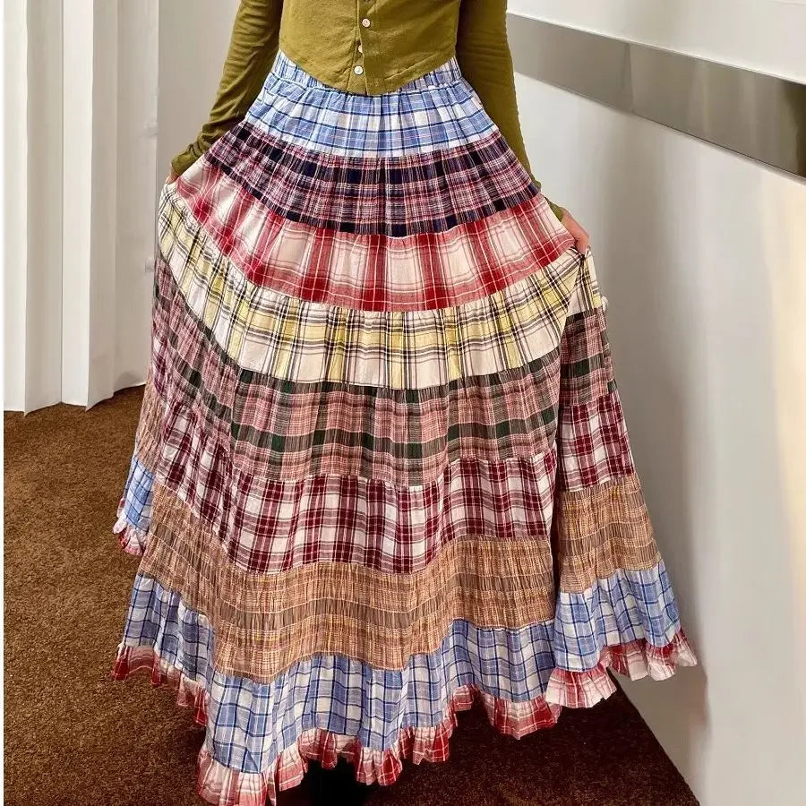 High Waist Plaid Patchwork A- Line Midi Skirt Women's Spring 2025 New Design Retro Unique Long Umbrella Skirt Polyester Fiber