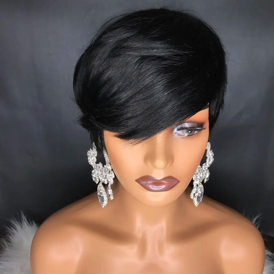 Natural Black Short Pixie Cut Wigs for Black Women Curly Hair Replacement Short Black Layered Wavy Wigs With Bangs (Natural Blac