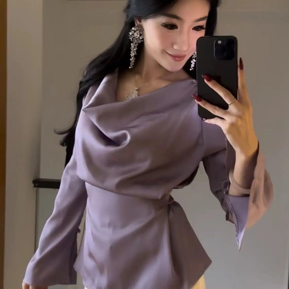 Silk Satin Basic Blouse Women Luxury Elegant Flare Long Sleeve Shirt Lady Bandage Tunic Top Korean Office Casual