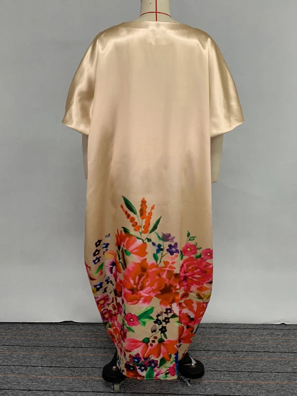 Beautyblue Plus Size Women's Clothing Robe De Soiree Femmes Elegant Floral Printed Boat Neck Puff Sleeves Oversized Maxi Dress