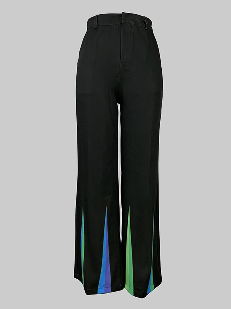 2025 New Women Black Printed Straight Leg Pants Pockets Loose Fit High Waisted Office Business Casual Trousers