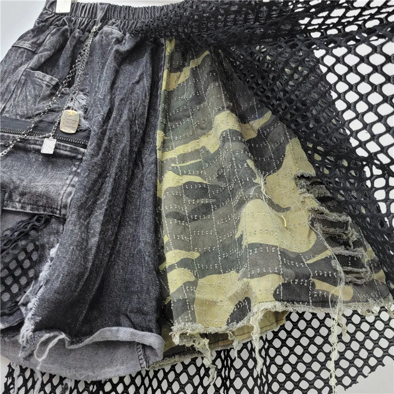 YEAE 2024 Winter New Items Trendy Camouflage Denim Shorts For Women Fashion Elastic Waist A-line Short Pants Female