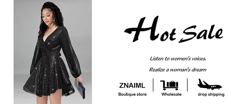 Znaiml Luxury Black Sequin Mesh Patchwork Long Sleeve V-Neck Loose Short Dress Elegant Birthday Party Women Clothing Clubwear