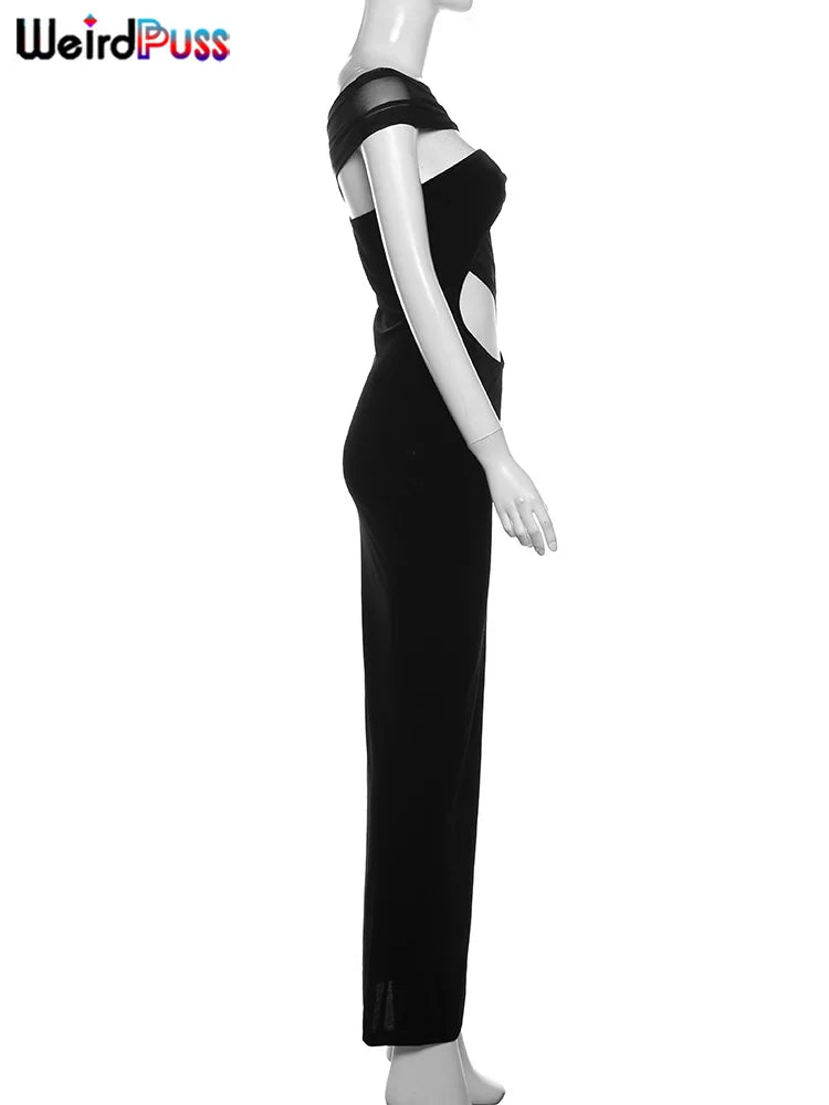 Weird Puss Diagonal Collar Sexy Dress Women Y2K Summer Trend Hollow Mesh Patchwork Midnight Birthday Party Clubwear Maxi Bodycon
