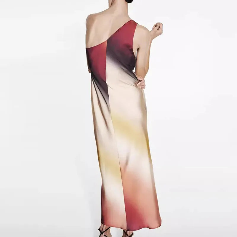 Casual Sleeveless Party Dress Fashion Asymmetrical Gradient Printed Dress Summer Women's Diagonal Collar Satin Long Dress Mujer