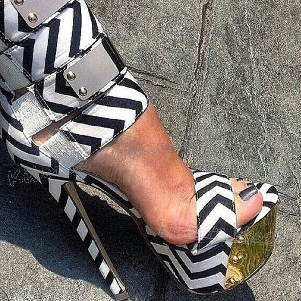 Striped Sandals Metal Decor Platform Round Toe Thin High Heels Fashion Luxury Elegant Concise Sexy Party Wedding Women Shoes New
