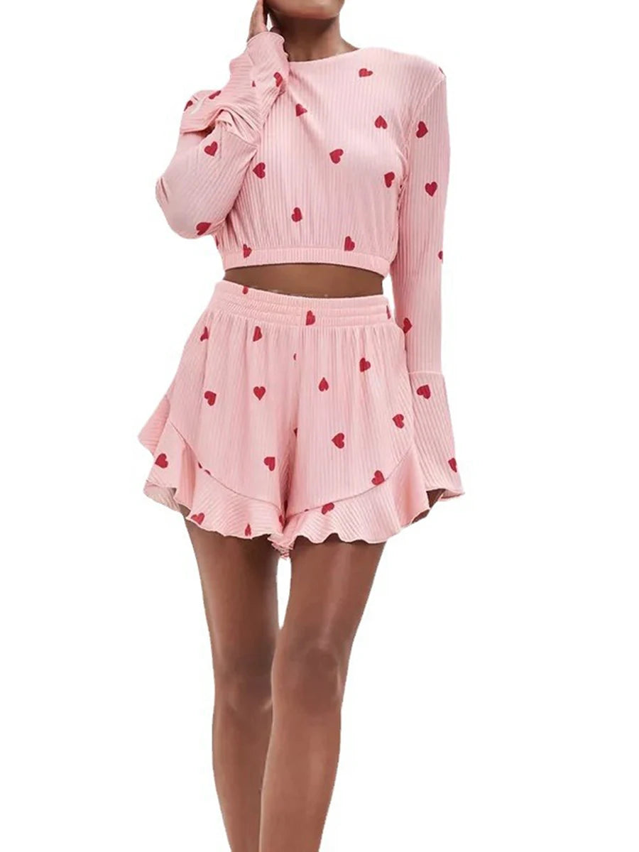 Women 2 Piece Pajamas Set Valentine's Day Heart Print Crop Long Sleeve Tops and Elastic Ruffled Shorts for Loungewear Sleepwear