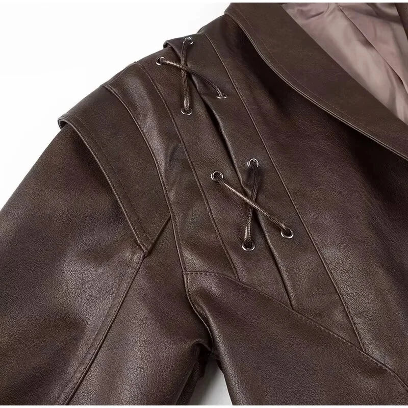 Women Leather Bomber Jackets Coats With Belt Notched Shoulder Pads Motorcycle Street Chic Short Outwear Fashion Solid Lace Up