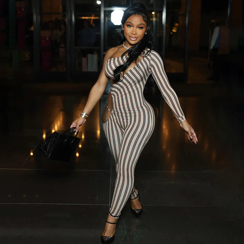 Joskaa Striped Print Cutout Jumpsuits Women Hipster Sexy Oblique Shoulder Backless Skinny One Piece Rompers Midnight Clubwear