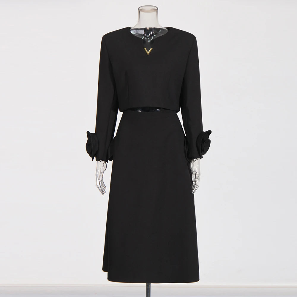 TWOTWINSTYLE Solid Two Piece Set For Women V Neck Long Sleeve Spliced Appliques Top High Waist Loose Skirt Elegant Sets Female