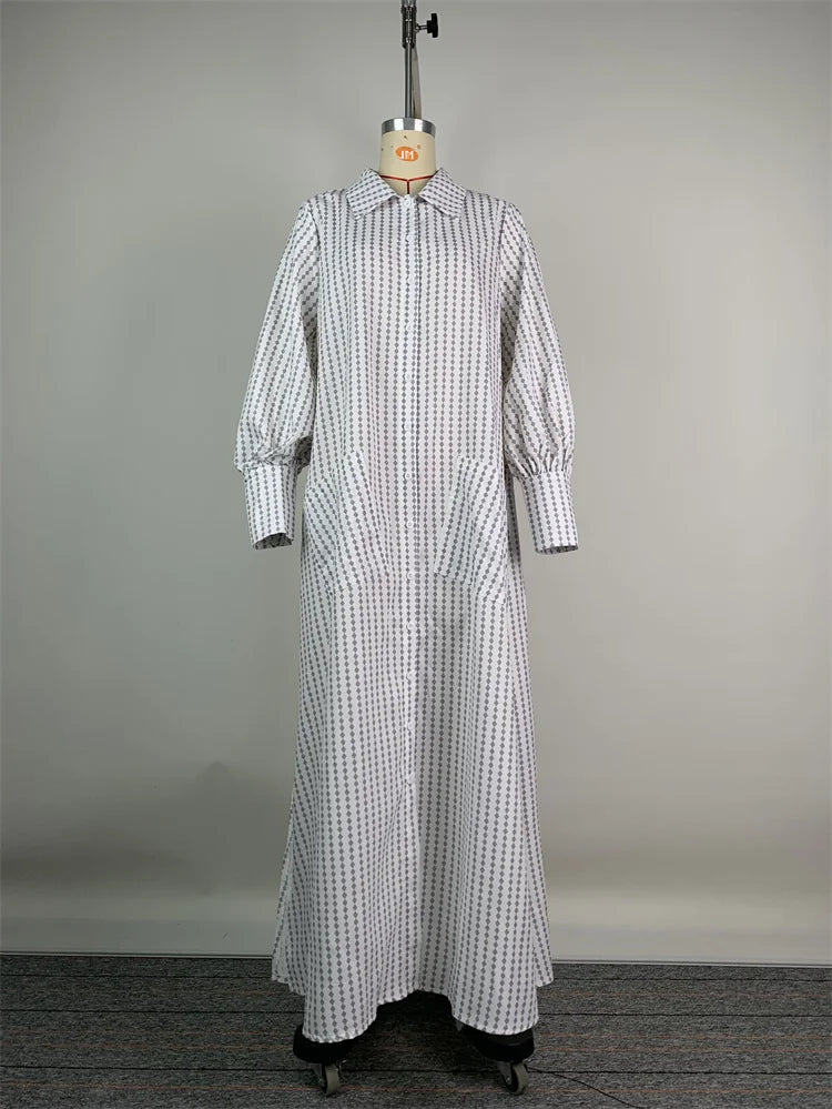 White Dress Women 2024 Summer Autumn Long Sleeves Buttoned Split-Side Striped Lapel Casual Women's Long Maxi Dresses