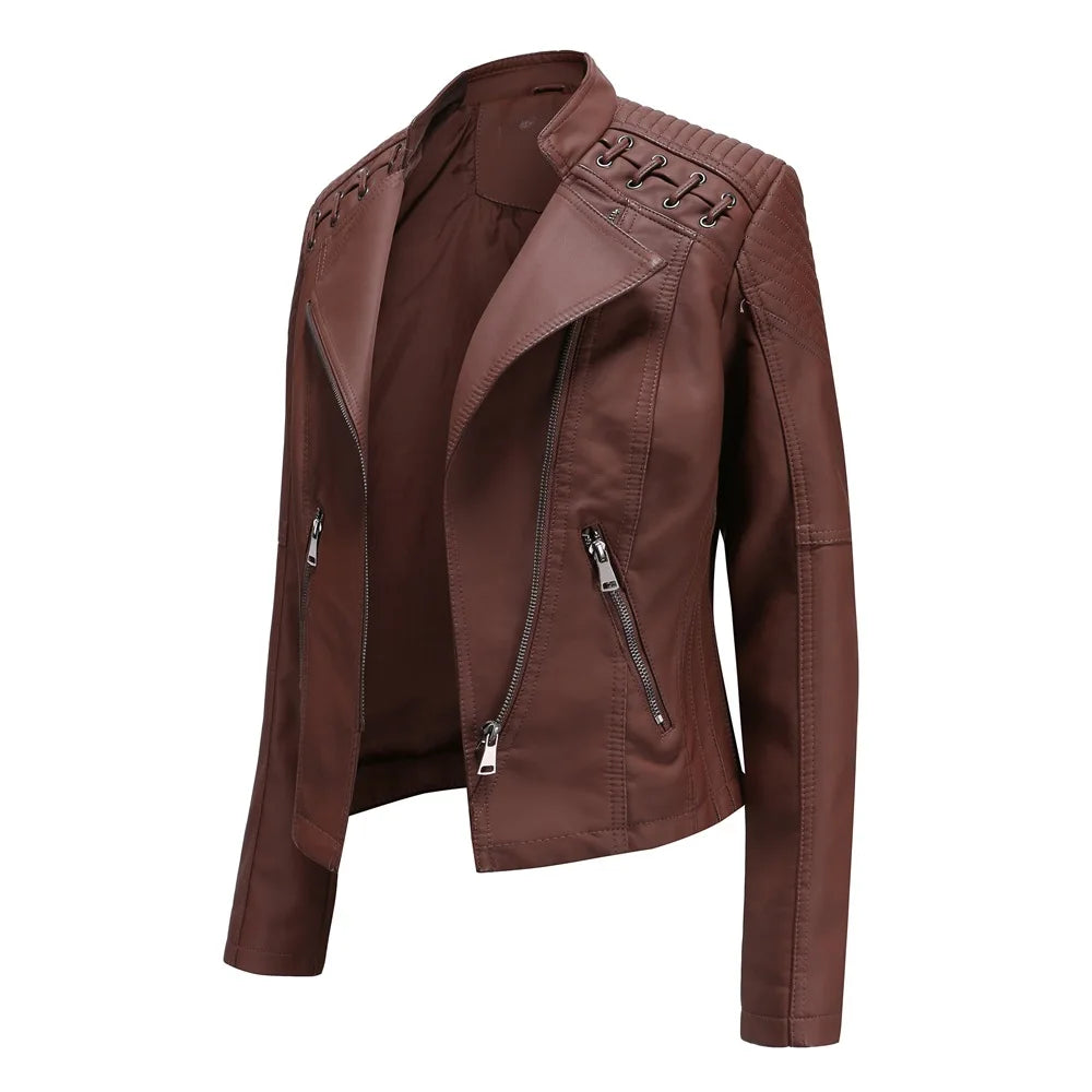Spring Autumn Leather Jacket Women Slim Fit Motor Biker PU Leather Short Coat Stand Collar Ladies Zipper Outerwear 2024 New