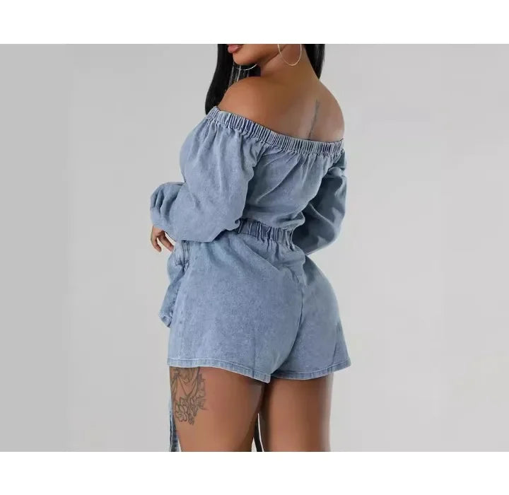 Denim Jumpsuit Womens Clothing Pocket Sexy Chest Hugging Elastic Waist Long Sleeves Conjoined Body Shorts for Female Streetwear