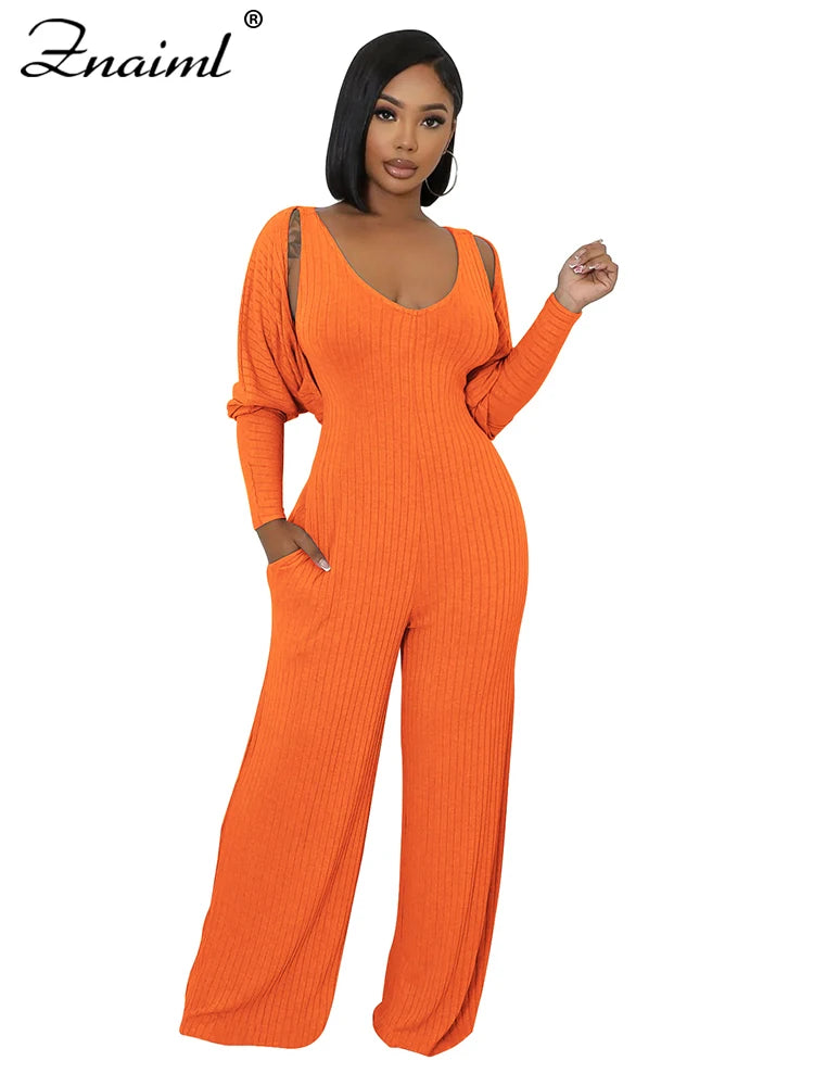 Znaiml Blue Knitted Ribber Wide Leg Pants Jumpsuits and Crop Coat Tops Two 2 Piece Women Sets Autumn Streetwear Birthday Outfits