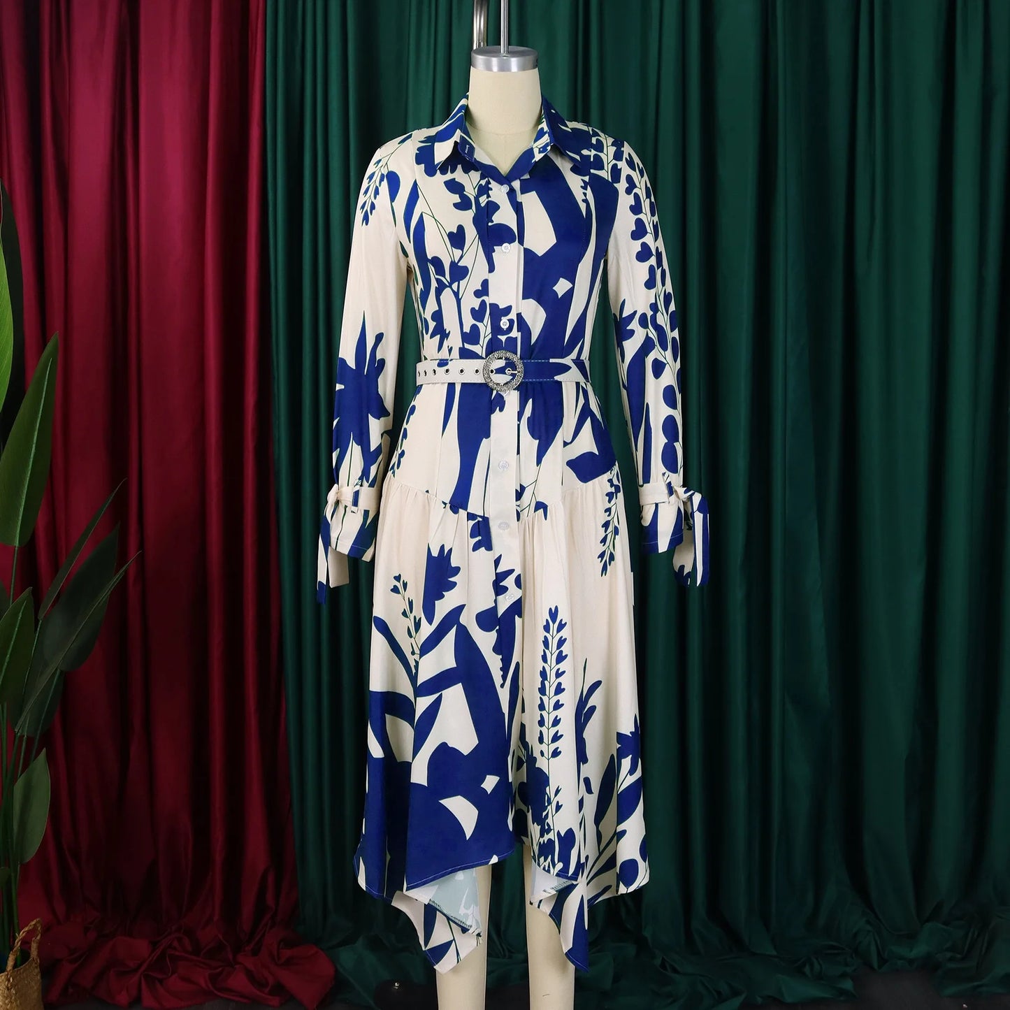 Elegant Printed Dresses Woman 2024 Turn Down Collar Single Breasted Full Sleeve Asymmetric Ankle Length Fashion Birthday Dress