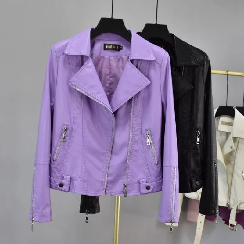 Purple Leather Jacket Women's Short Coat Slim Spring and Autumn Short Clothing