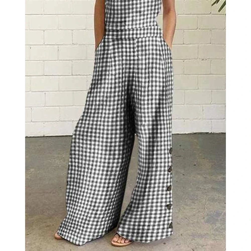 Women All Over Plaid Print Suspender Jumpsuit Summer Buttoned Wide Leg Elegant Jumpsuit Casual One Piece Party Overalls Clothing