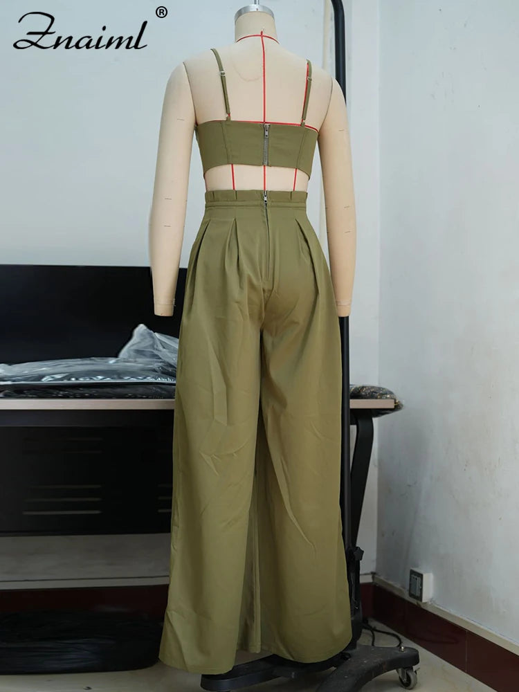 Znaiml Fashion Two 2 Piece Pants Sets Women Clothing Strap Sleeveless Top and Wide-leg Pants Elegant Streetwear Matching Suit