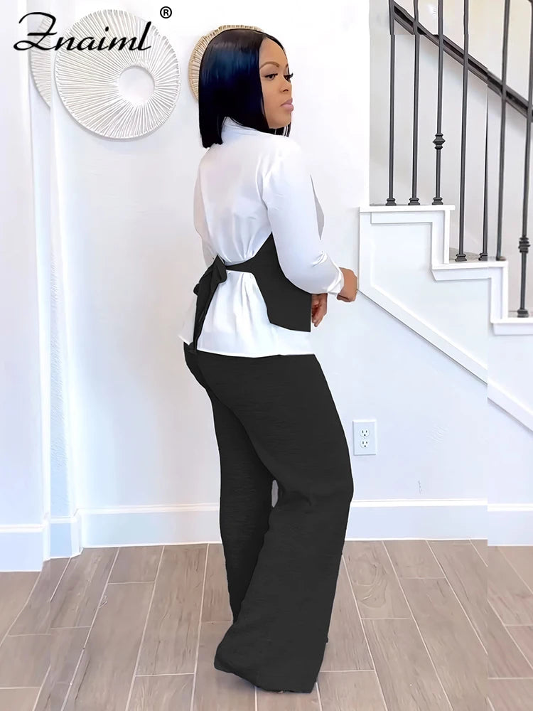 Znaiml Elegant Office Women's Long Sleeve Patchwork Vest Shirt and Straight Pants Two 2 Piece Sets Work Suits Matching Outfits