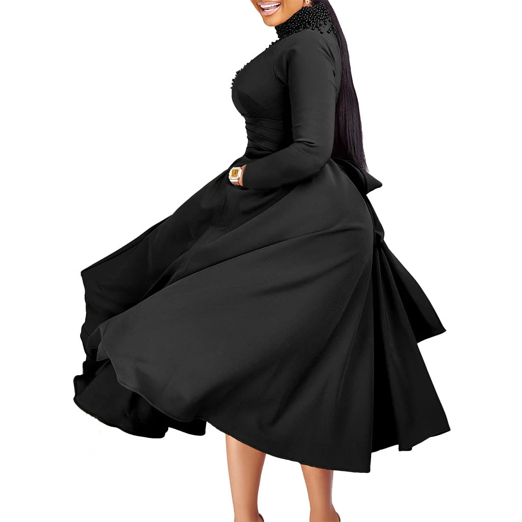 Fashionable High-collar Elegant Embroidered Large Dress Women Waist-shaping African Dress Trendy Plain Pattern Long Skirt