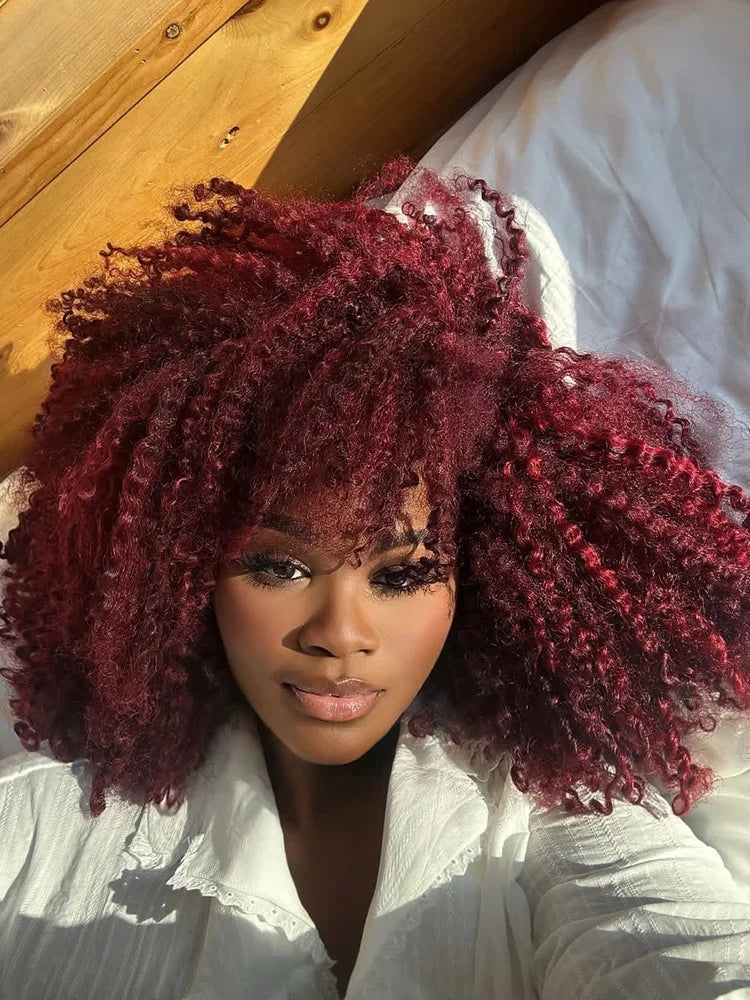 Burgundy Kinky Curly Pixie Bob Human Hair Wig for Women