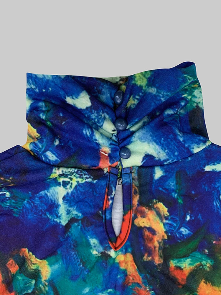 Female Asymmetric High Neck T-Shirts 2025 New Spring Long Batwing Sleeves Loose Vintage Printed Elegant Casual Tops