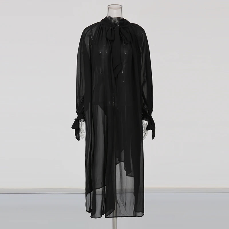 TWOTWINSTYLE Solid Loose Sheer Spliced Folds Fashion Blouses for Women High Neck Long Sleeves Irregular Blouse Female Clothing