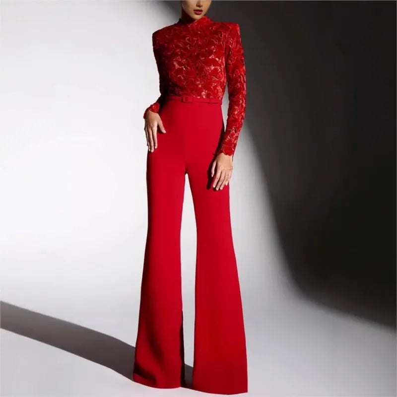 Embroidery Lace Red Jumpsuits Women Sexy Slim Long-sleeved Belt High Waist Jumpsuit Female 2025 Casual Lady Party Rompers
