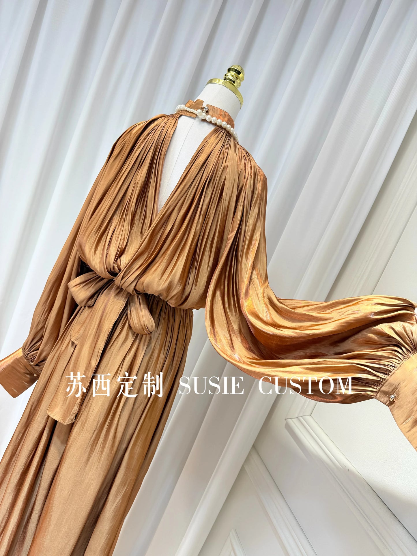French Retro Palace Stand Collar Pleated Waist Tie Lantern Sleeves Large Swing Long Dress High Waist Elegant Vacation Dress