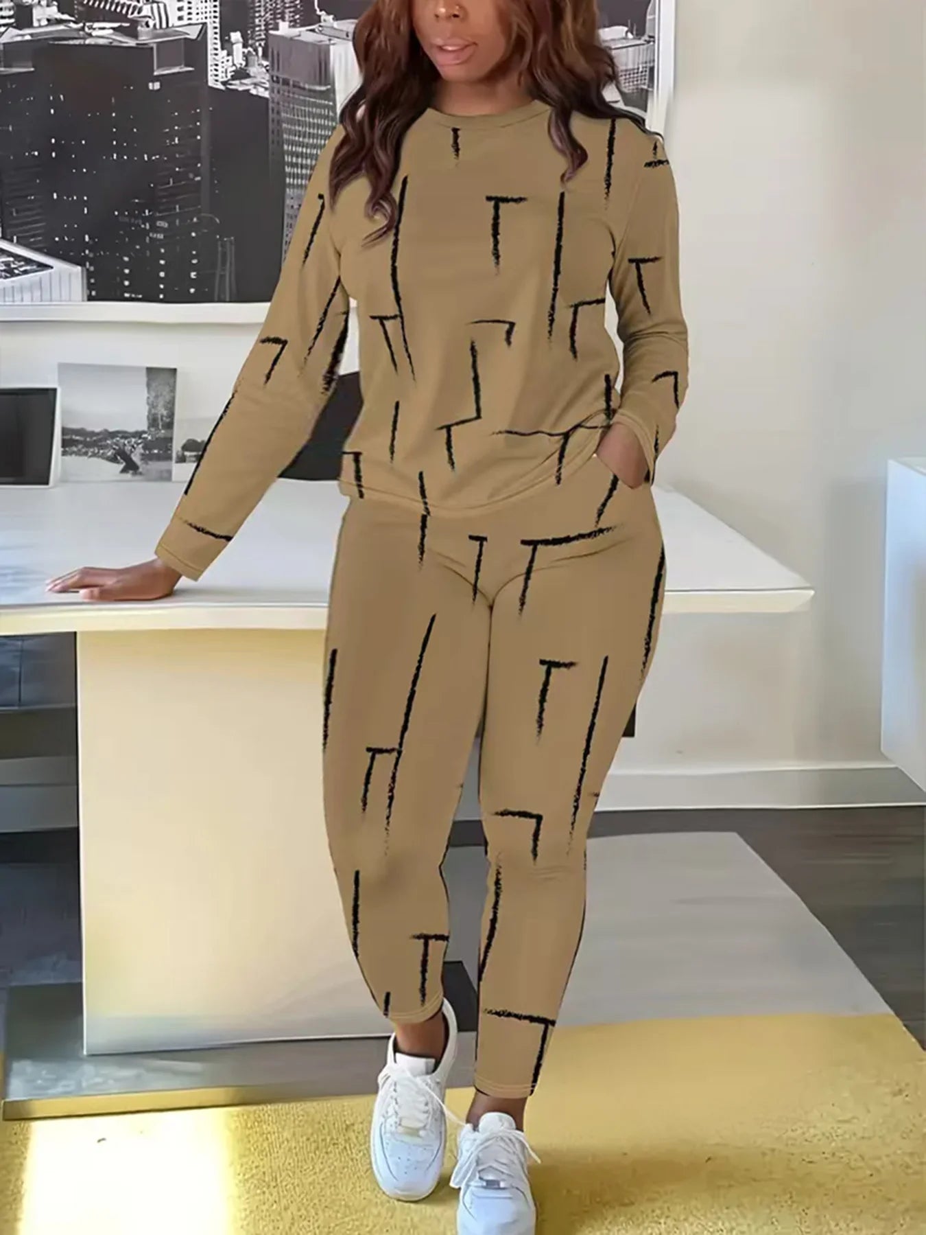Women's Plus Size Casual Outfit: Comfortable Long Sleeve Crewneck Top and Geometric Print Pants Set - Medium Stretch, Machine Wa